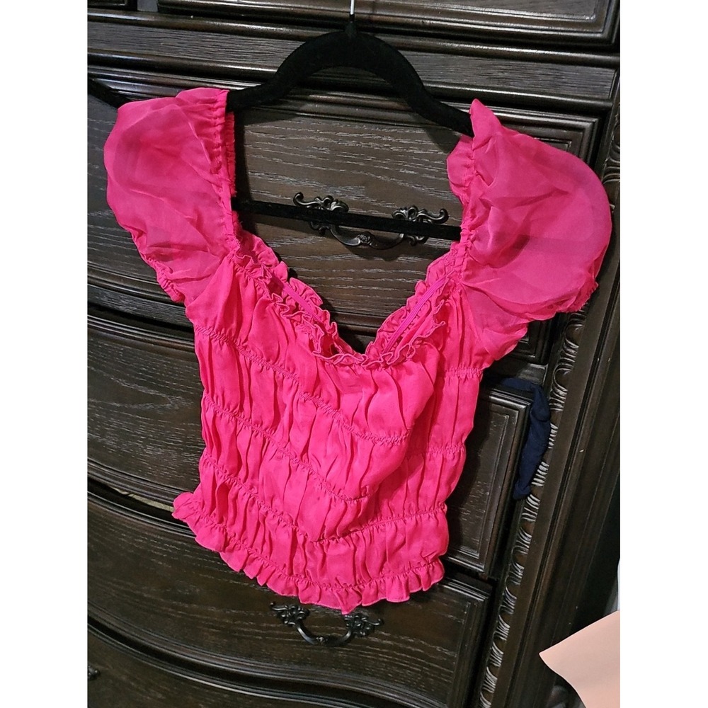 Choosy Hot Pink Smocked Puff Sleeve Crop Top Blouse 1904TO35 XS